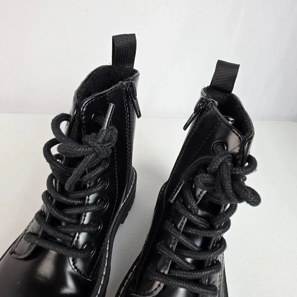H&M Girls Black Patent Faux Leather Combat Boots Furry Lined Lace Up Zip US 12